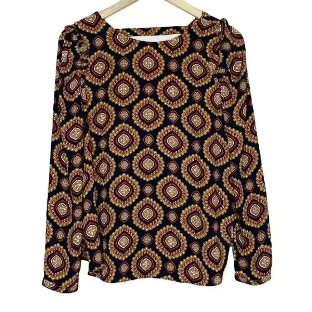 Navy, Red, Yellow, and Pink Geometric Print Long Sleeve Blouse with Ruffles